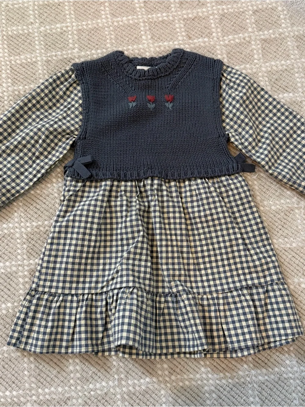 NWOT Zara Navy Knit Vest Over Blue & Cream Gingham Dress